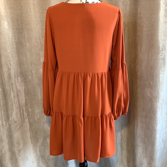 Tunic Dress V Neck Casual Loose Flowy Swing Shift Dresses Orange Caramel - Picture 9 of 12